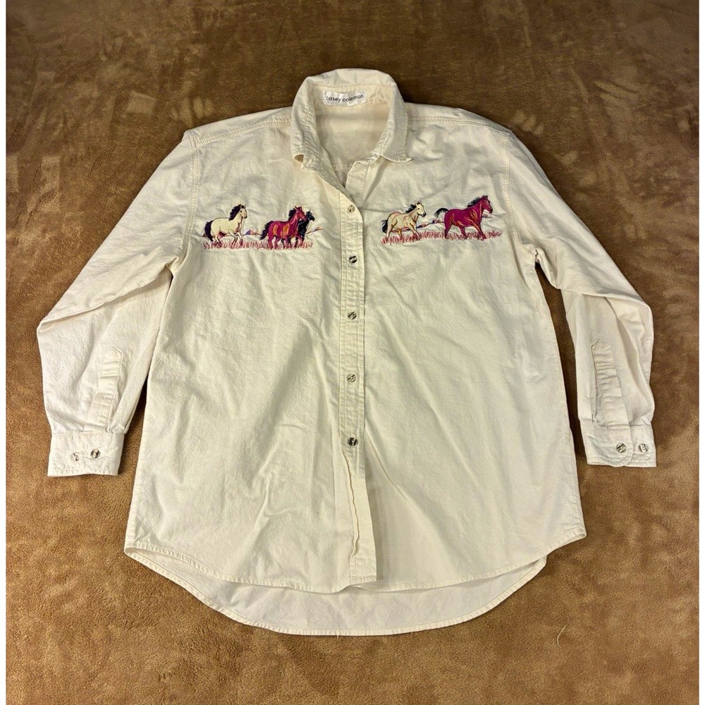 VTG Casey Coleman Womens Top L Cream Button-Up Embroidered Horses 90s Western